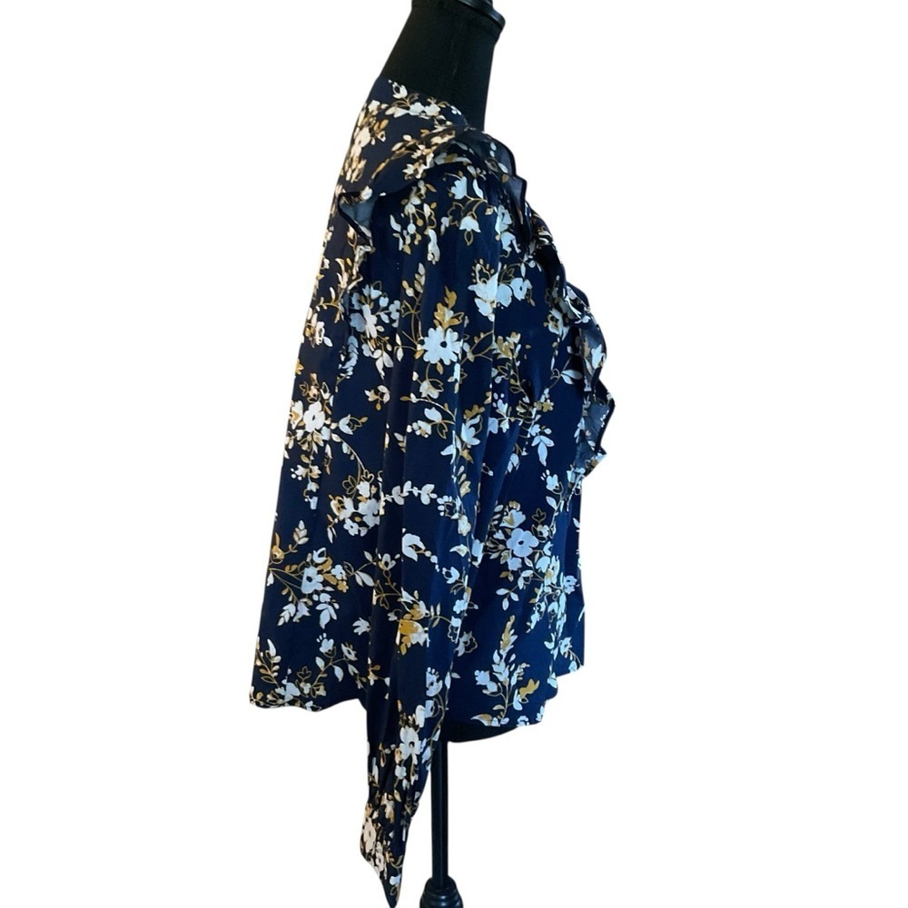 J. Crew Navy Floral Ruffle Blouse Long Sleeve Size L - Picture 6 of 10